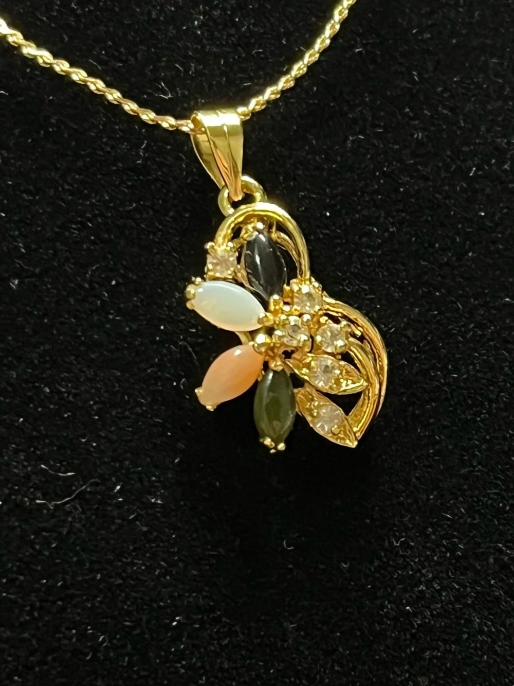 Gold Tone Multicolor Cabochon Rhinestone Pendant Necklace
